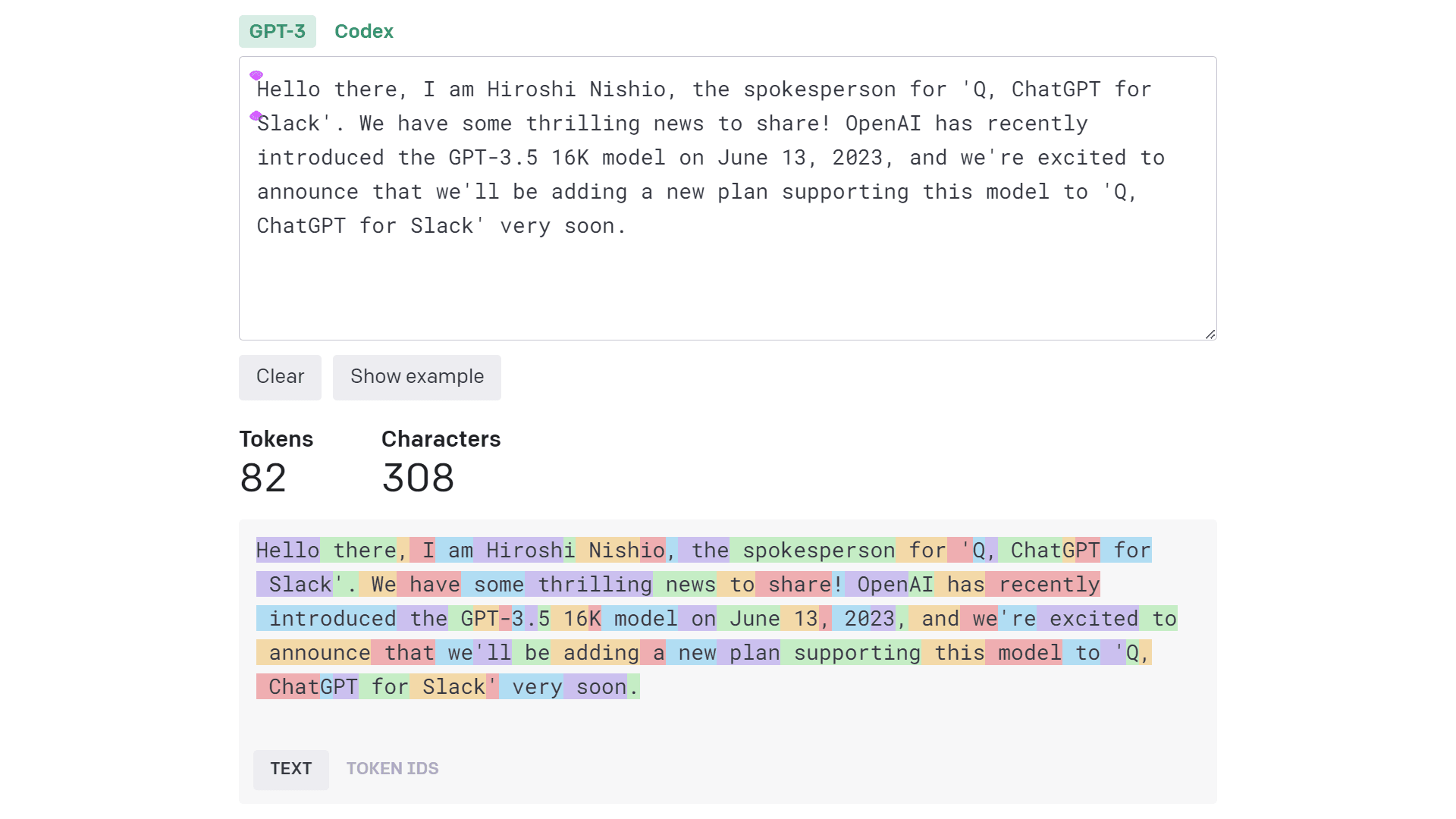 OpenAI's tokenizer page