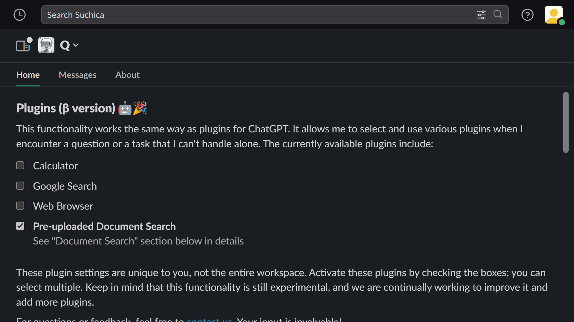 Activate Your Plugin, Pre-Uploaded Document Search for Q, ChatGPT for Slack